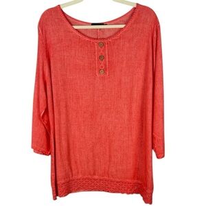 Goa Chic Linen Blend Coral Lace Hem Button-Detail Roll-up Sleeve Top Size Medium
